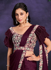 Wine Crape Satin Silk Embroidered Ready to Wear Saree